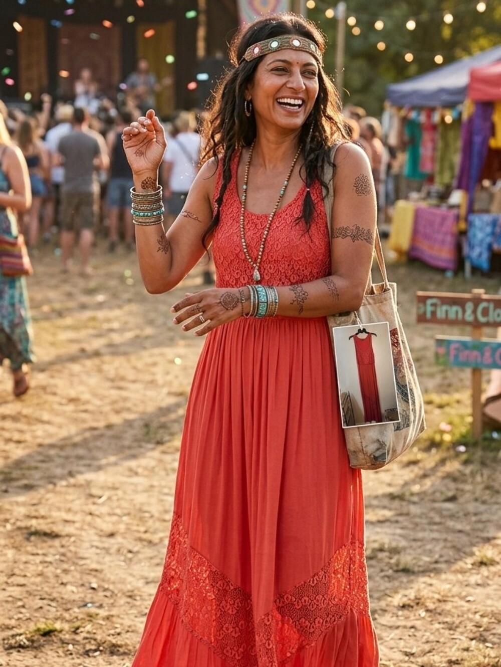 Finn & clover salmon sleeveless maxidress Large lace accents Leisure Festival